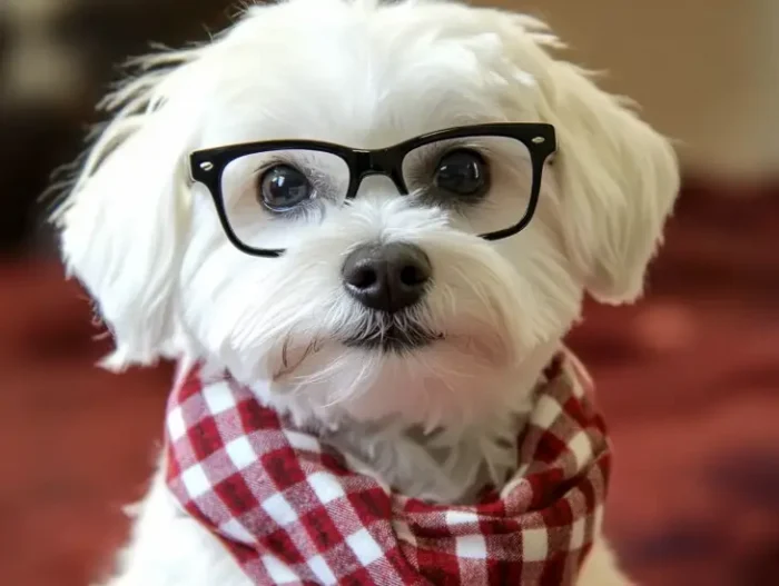 Hipster dog sporting a scarf and glasses