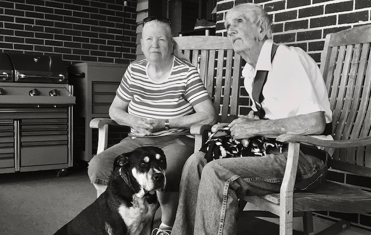 Trained service dog sitting with seniors. 