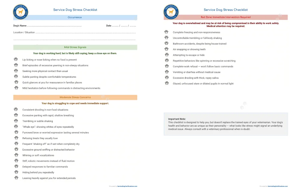Checklist of Stress Signs in Service Dog (Downloadable)