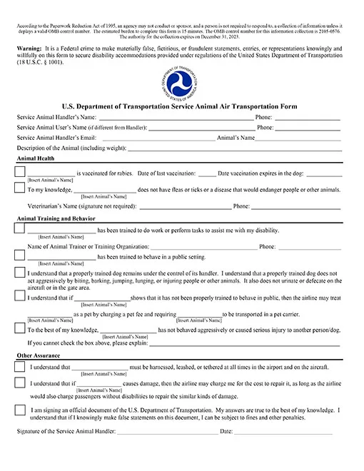 DOT Form - Service Animal Health Behavior Training Form - Download