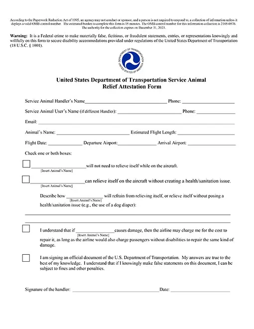 DOT Form - Service Animal Relief Form - Download