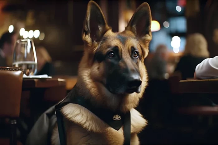 Service dog inside a restaurant