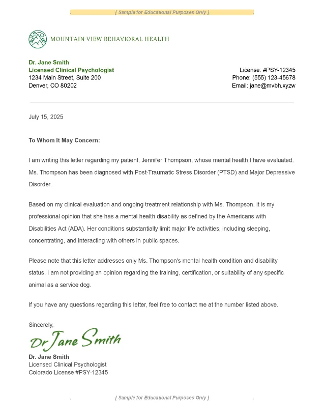 Service Dog Letter - Sample