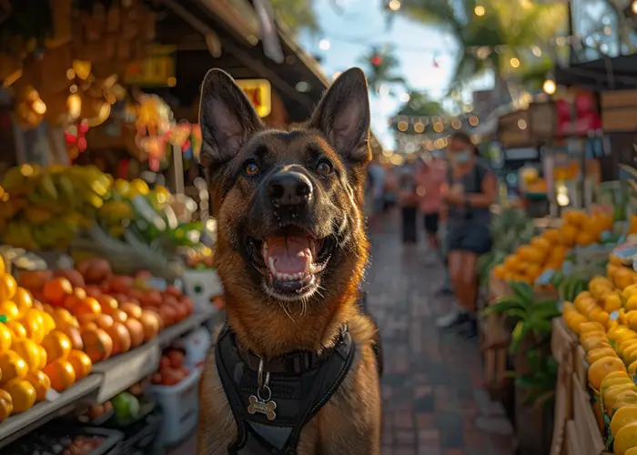 A service dog visiting a farmers market