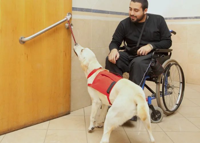 A service dog providing mobility assistance by opening a door